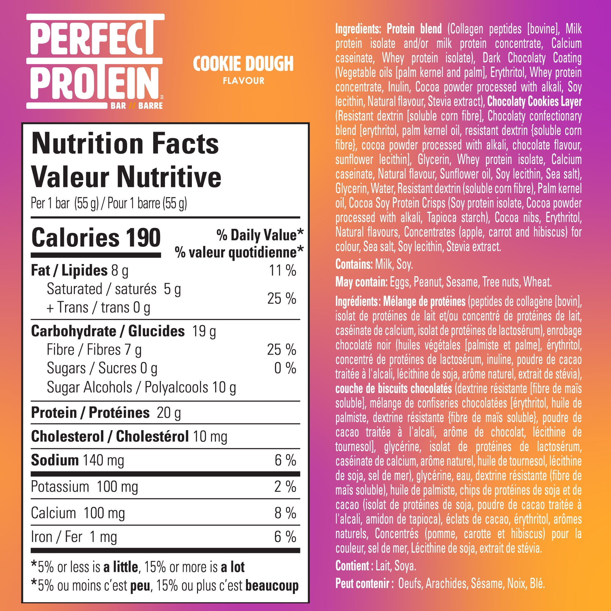 Sans Sucre, Perfect Protein Barres Collation Pâte à Biscuits, 55 g, 4 Barres