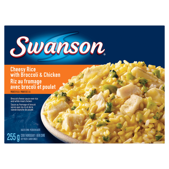 Swanson Riz au fromage avec brocoli et poulet dîner glacé, Sauce au fromage et brocoli servie sur du riz et de la viande blanche de poulet Swanson Riz au fromage avec brocoli et poulet, 255g