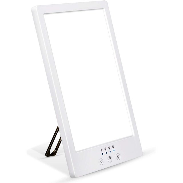Luminotherapy lamp by GROOFOO with 12000 lux full-spectrum UV-free light for light therapy, designed to combat winter blues, sleep disorders, and fatigue. Features adjustable luminosity and colour temperature with cold and warm light modes. Includes a compact, lightweight design with a 360-degree rotating aluminum alloy bracket for versatile placement. Built-in timer options of 15, 30, 45, and 60 minutes for personalized sessions.