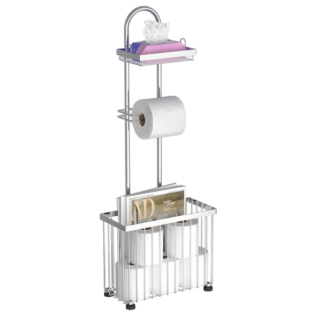 Freestanding Toilet Paper Holder Toilet Tissue Rack Scroll Stand Roll Dispenser with Storage Shelf Reserve for Phone Tablet Magazine Bathroom Organizer Bath Tissue Organizer (Silv