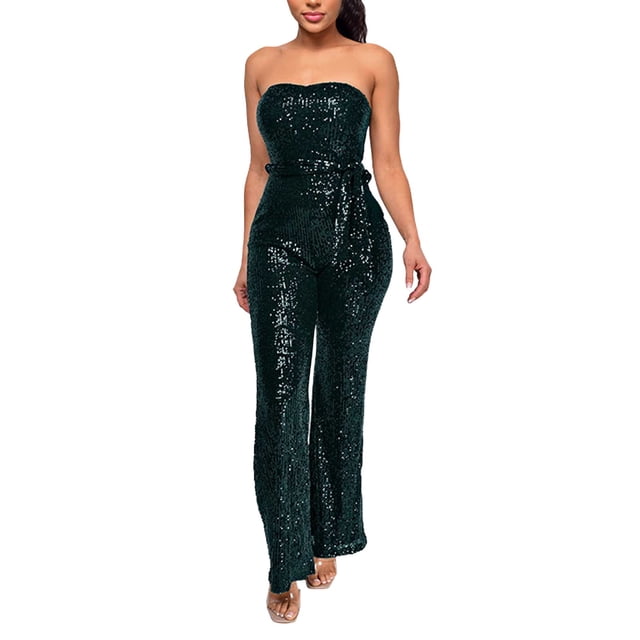 Wdgfv Robe à Paillettes pour Femmes Sans Manches, Combinaison à Paillettes Sans Bretelles pour Soirée, Vert m