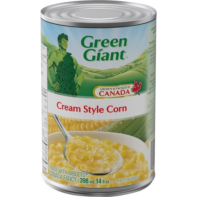 Géant Vert Boîte de Maïs Style Crème Montrant une Cuillère d'Engrais de Maïs Jaune Crémeux, le logo Géant Vert et une Étiquette Indiquant Qu'il Est Cultivé et Emballé au Canada, 398 ml (14 fl oz).