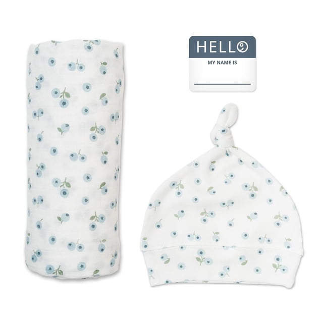 Lulujo Baby Hello World Newborn Bamboo Hat and Swaddle Blanket Set