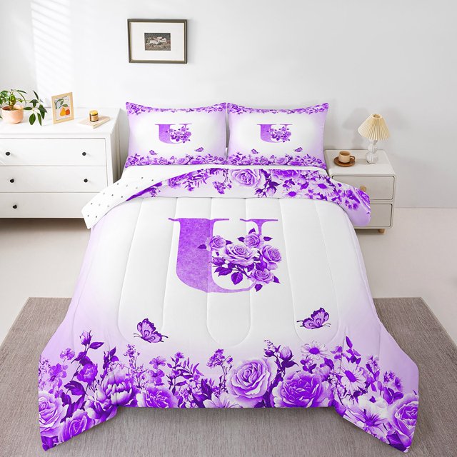 Erosebridal Letter Bedding Twin Comforter Set For Teens,Rose Flower Down Comforter,Butterfly Room Decorative,Reversible,Lightweight,2-Piece