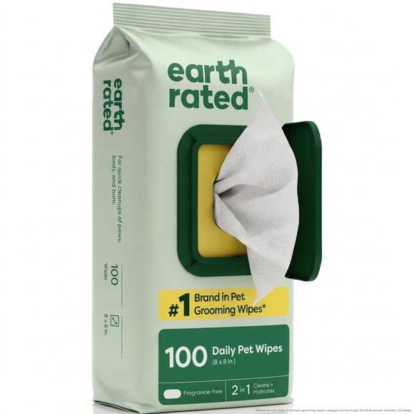 Earth Rated Pet Grooming Wipes for Dogs & Cats, Unscented, Hypoallergenic, 100 Wipes