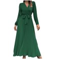 thumbnail image 1 of Robe Décontractée pour Femme, Ajustée, Plissée, Ceinturée, à Manches Longues, Col en V, Ligne A, Couleur Unie, 1 of 9