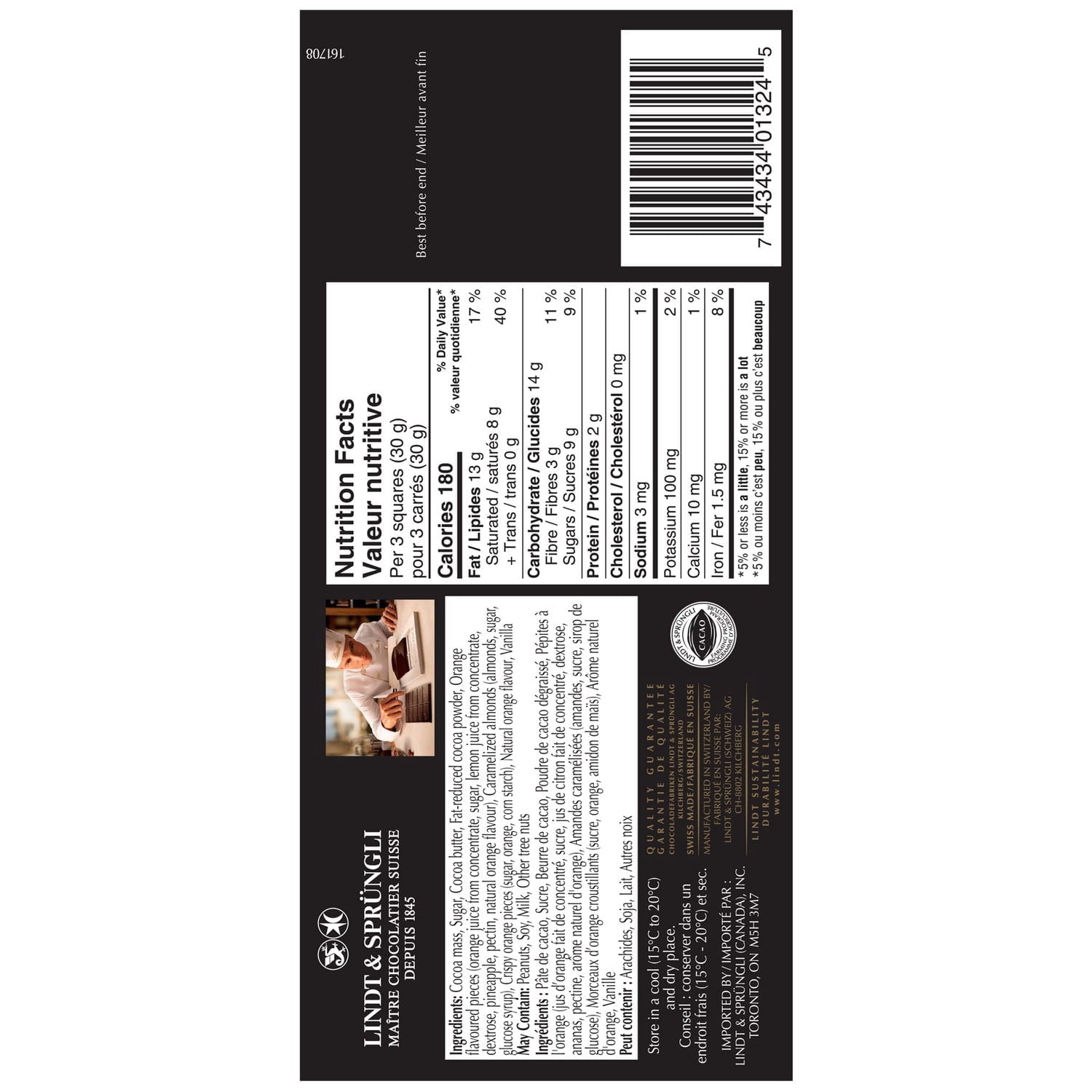 Chocolat noir Lindt EXCELLENCE à 70 % de cacao avec orange et amandes – Barre (100 g)