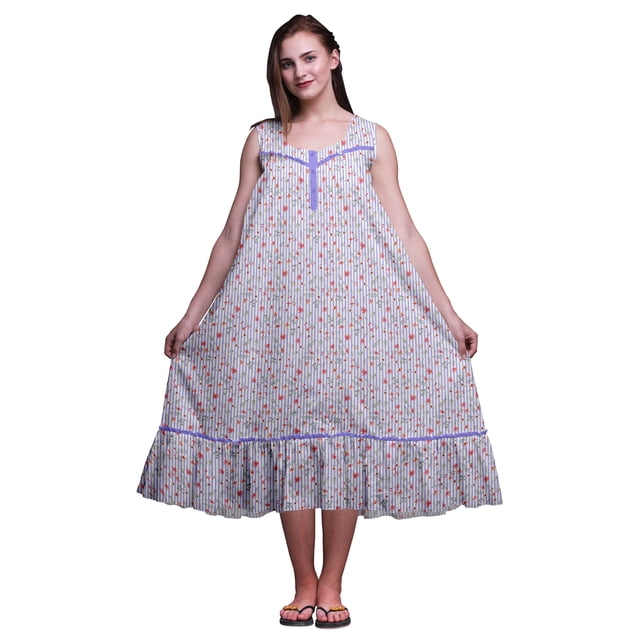 Bimba Robe de Nuit Mi-Mollet pour Femmes en Coton Imprimé Sans Manches à Rayures Feuilles et Floral Violet Moyen3 Robe Maxi Petite