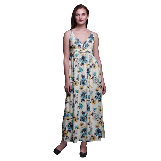 Bimba Robe Longue Maxi Bohème à Bretelles Sans Manches Imprimée Florale pour Femme - Très Petit