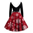 thumbnail image 3 of EGNMCR Robes pour Femmes de Noël Imprimées Patchwork Col en V Taille Haute Manches Longues Robe Vintage avec Ceinture Robe de Fête Cadeaux de Noël, 3 of 3