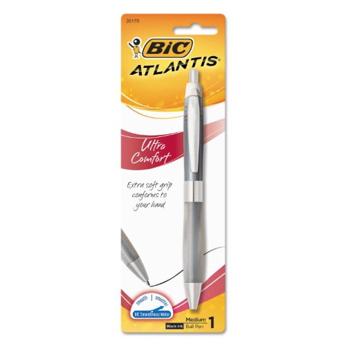 BIC Atlantis Ultra Comfort RT Ballpoint Pens, Medium Point, 1.2MM, Black Ink, Gray Barrel, 1/Pk