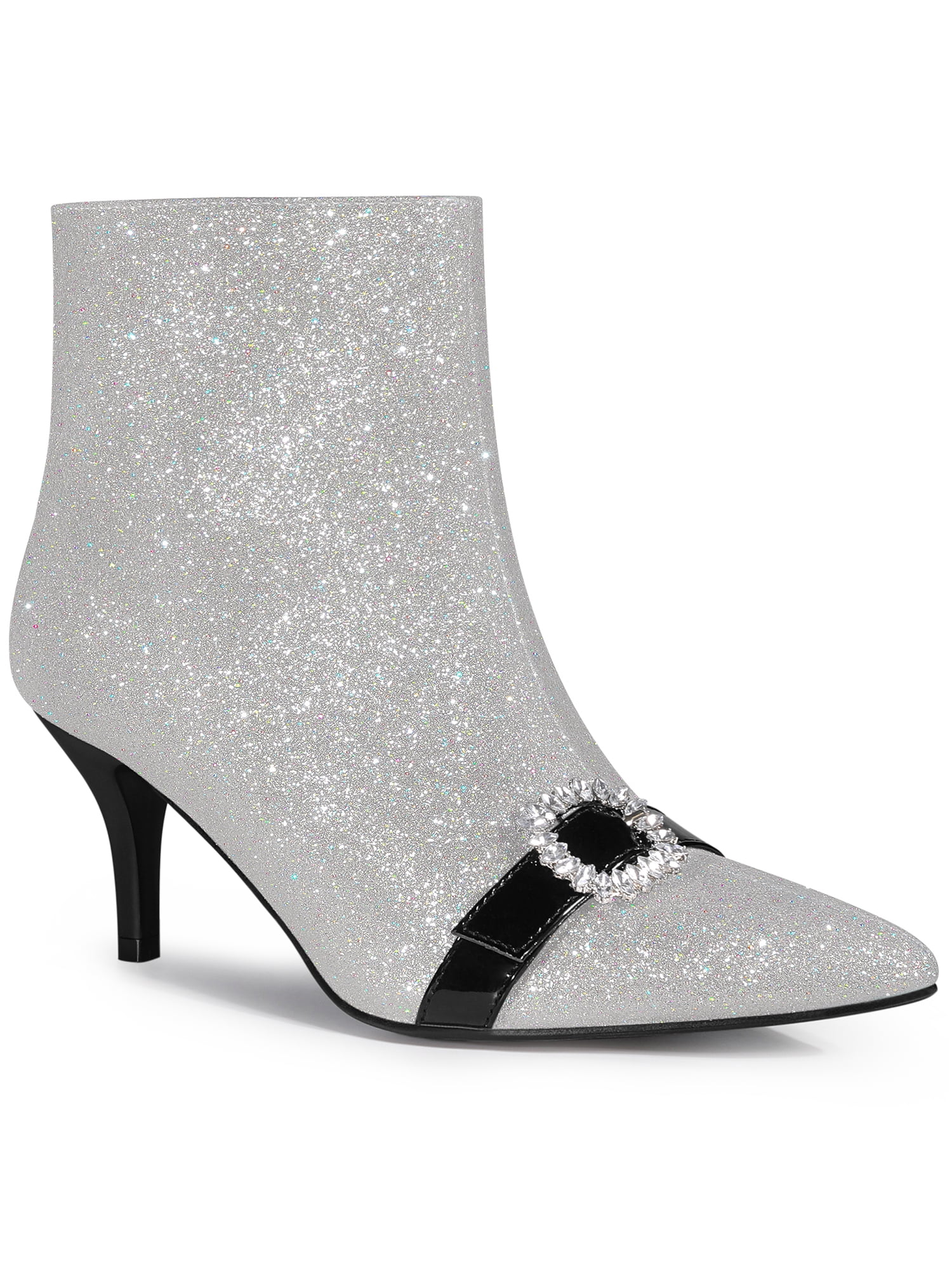 Unique Bargains Rhinestones Pointed Toe Stiletto Heel Glitter Ankle Boots for Women Silver (Size 9)