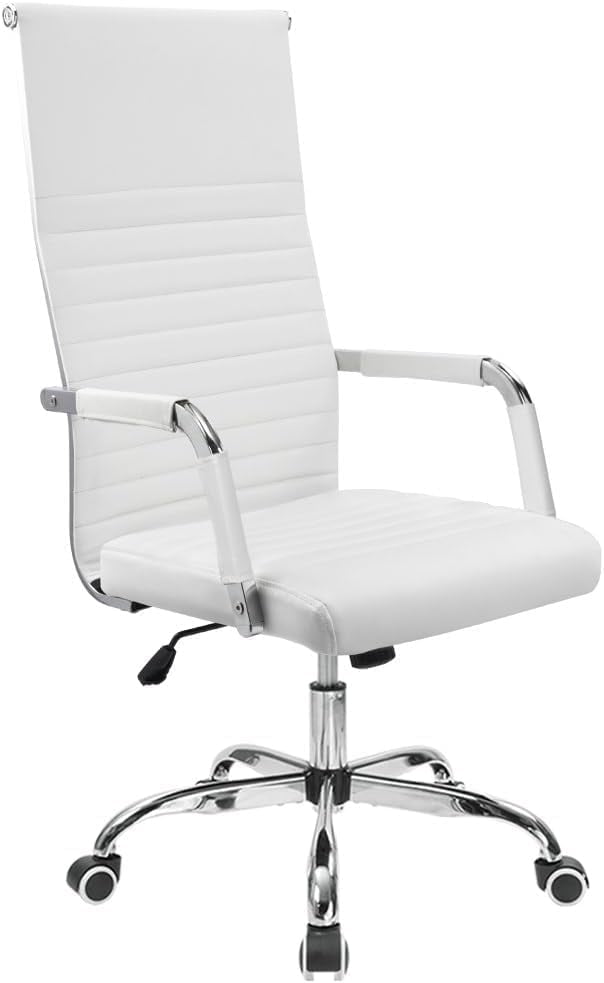 Leather Office Desk Chair, High back Ribbed Executive Modern Conference Room Chairs with Arms Task Chair Adjustable Swivel Chair for Home Office, White