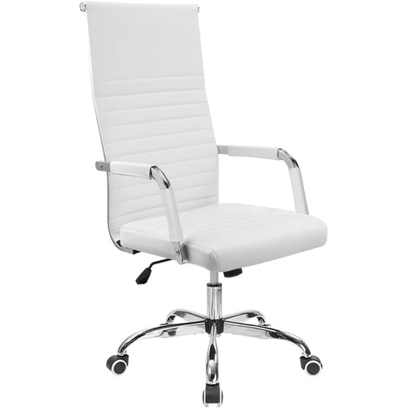 Chaise de Bureau en Cuir, Chaise de Direction Moderne à Dossier Haut Côtelé pour Salle de Conférence avec Accoudoirs, Chaise de Travail Pivotante Réglable pour Bureau à Domicile, Blanc