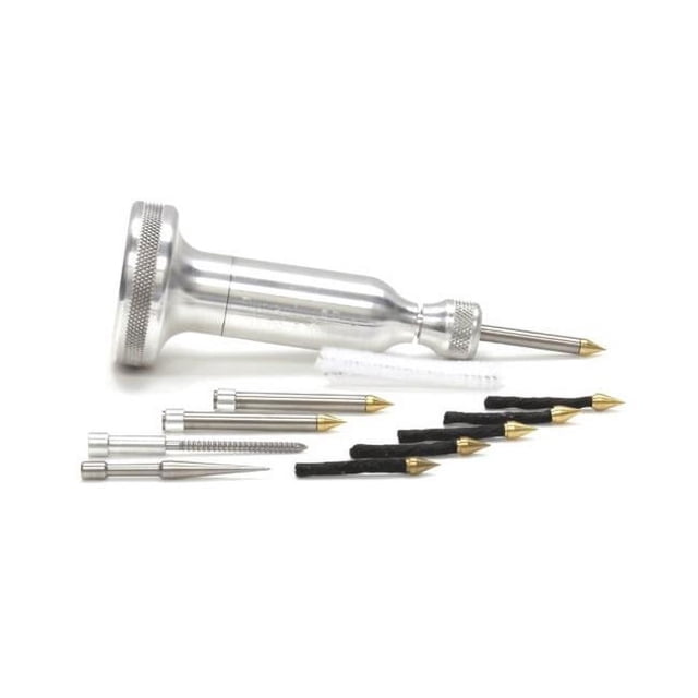 Dynaplug DPX-AL-1250 Pro Xtreme Tubeless Tire Repair Kit in aluminum, featuring a durable ergonomic tool with brass-tipped repair plugs and stainless steel insertion tubes. Includes eight repair plugs, three insertion tubes, an air stopper, a clearing attachment, and a pipe cleaner. Designed for repairing punctures in tubeless tires for vehicles like cars, trucks, motorcycles, and RVs. Compact and lightweight at 5.6 lbs, with dimensions of 5.42 x 0.87 x 1.75 inches. Made in the USA with a limited lifetime warranty.