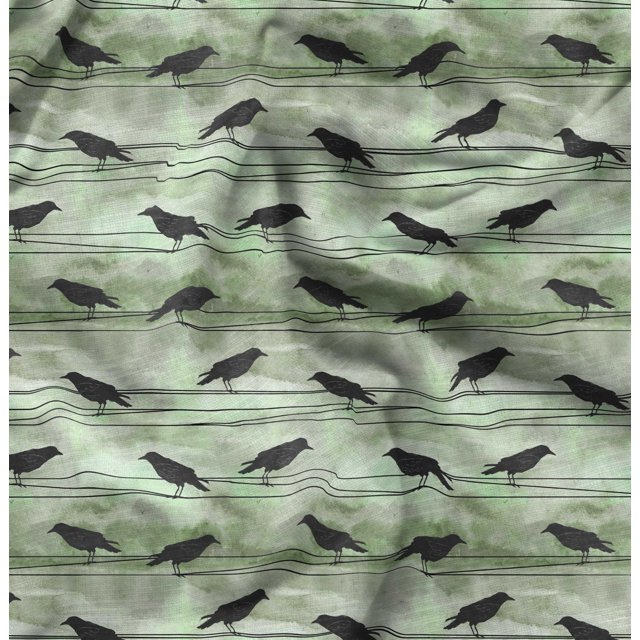 Soimoi Green Poly Georgette Fabric Crow Bird Print Fabric by the Yard 52 Inch Wide