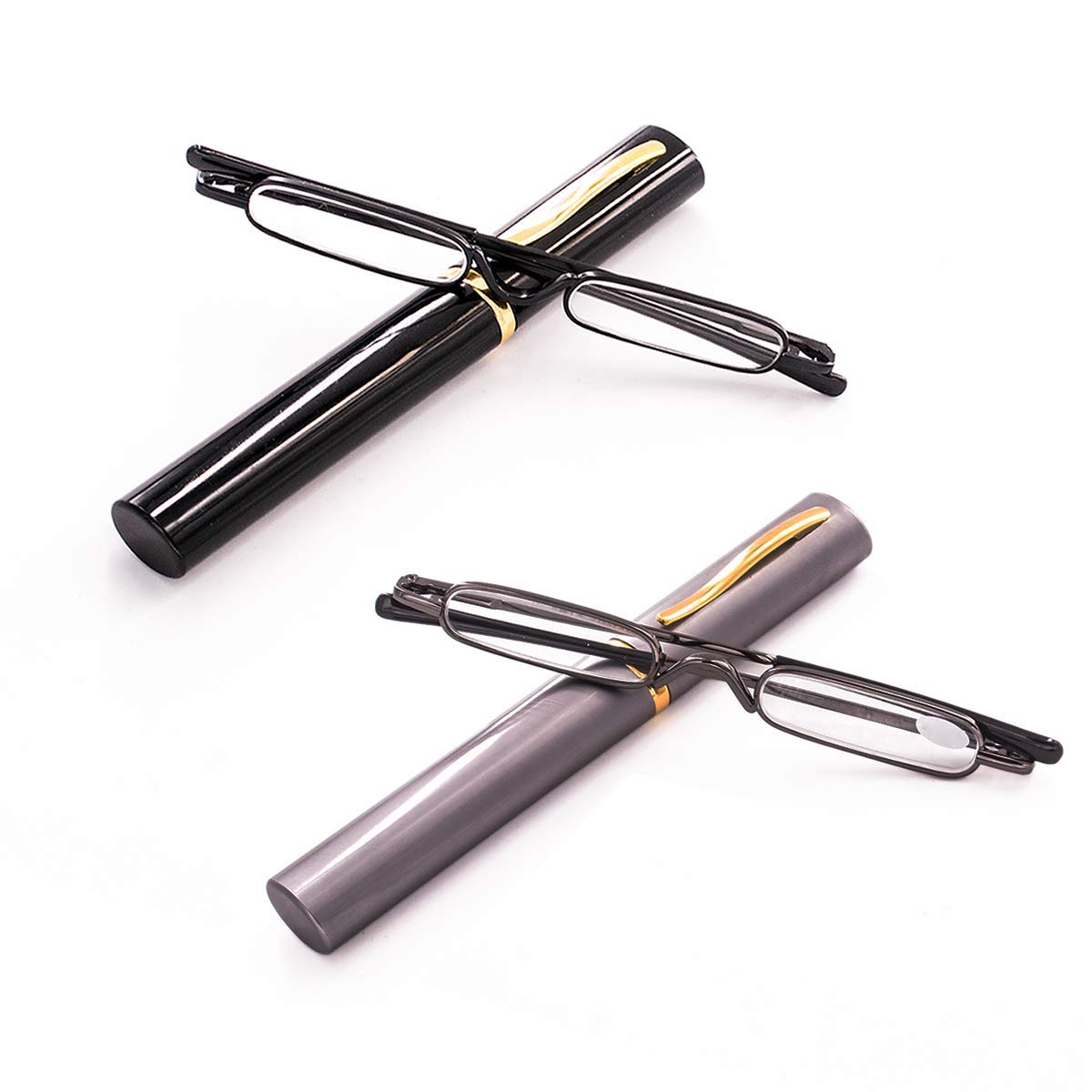 Viseng 2 Pack Slim Mini Metal Reading Glasses Compact Lightweight Portable Readers with Glasses Case for Reading Case +2.0