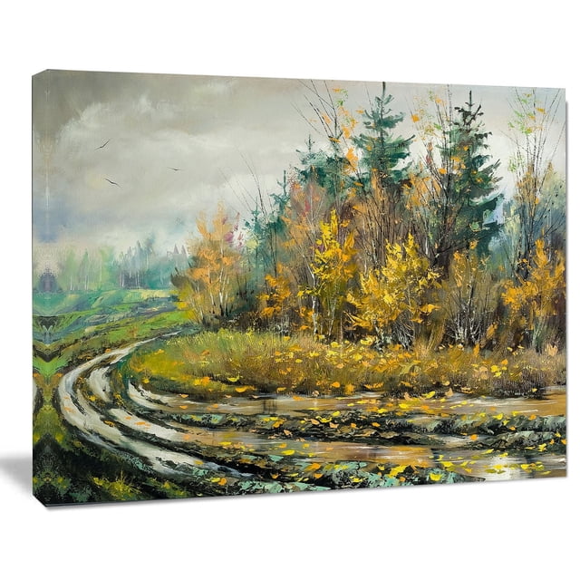 Design Art Impression sur Toile Rivière en Déclin Mettant en Vedette une Toile en Coton Enveloppée Style Galerie avec un Paysage Automnal Détaillé d'Une Rivière Courbée et Boueuse, Feuillage d'Automne Jaune et orange, Arbres à Feuillage Persistant sous un Ciel Nuageux, Art Mural Prêt à Accrocher avec Trousses de Suspension Incluses, Idéal pour la Déco de la Maison.