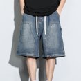 thumbnail image 4 of Styesk Mens Shorts Men's Outdoor Pocket Elastic Waist Drawstring Solid Color Denim Wide Leg Shorts, 4 of 9