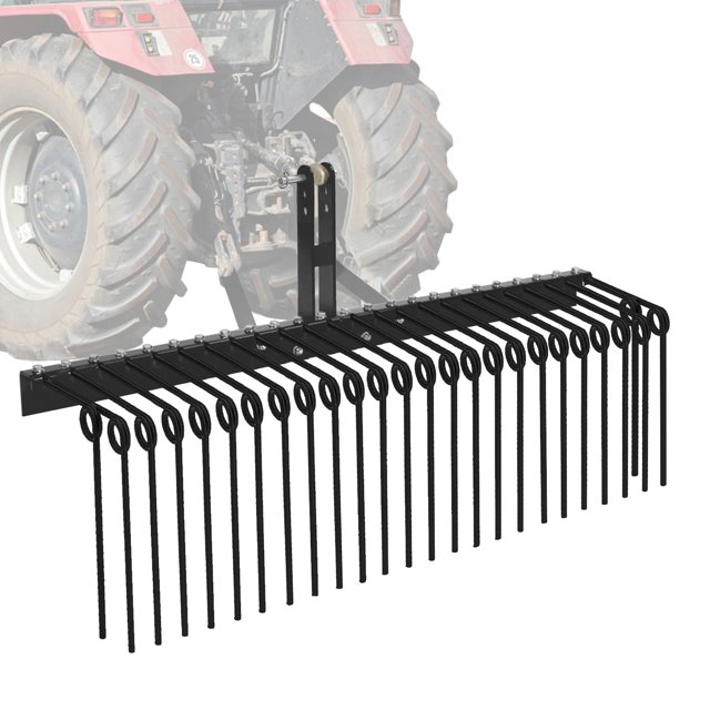 GloryStar Râteau Paysager en Paille de Pin Robuste de 60 Pouces, 26 Dents à Ressort Hélicoïdal, Acier Durable Enduit de Poudre avec Récepteur d'Attelage à 3 Points, Râteau de Nettoyage de Cour Arrière pour Feuilles et Herbe