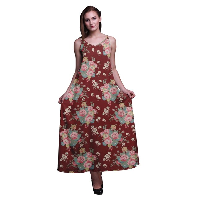 Bimba Robe Maxi à Bretelles Spaghetti Sans Manches pour Femmes en Rayonne à Imprimé Floral, Coupe Évasée - Très Petit