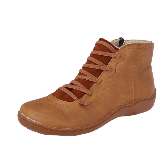 Wyzesi Brown Boots for Women Knee High Narrow Calf Women's Casual Flat Leather Retro Lace Up Boots Side Zipper Round Toe Shoe Boots Cold Winter Boots for Women