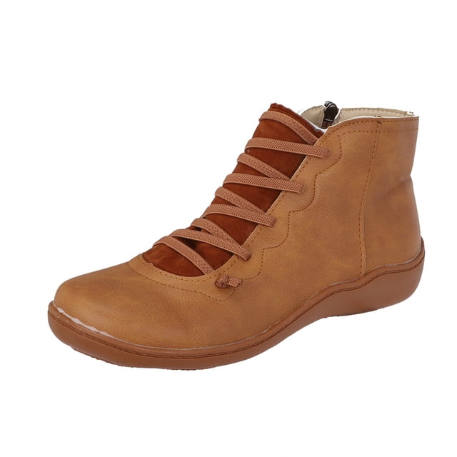 Kcodviy Bottes Western Décontractées Plates en Cuir pour Femmes pour Femmes à Boucle Rétro à Lacets Bottes à Lacets avec Talon pour Femmes Fermeture Éclair Latérale Bout Rond Femmes Semelle Crantée Bottes à Plateforme Chaussures Bottes