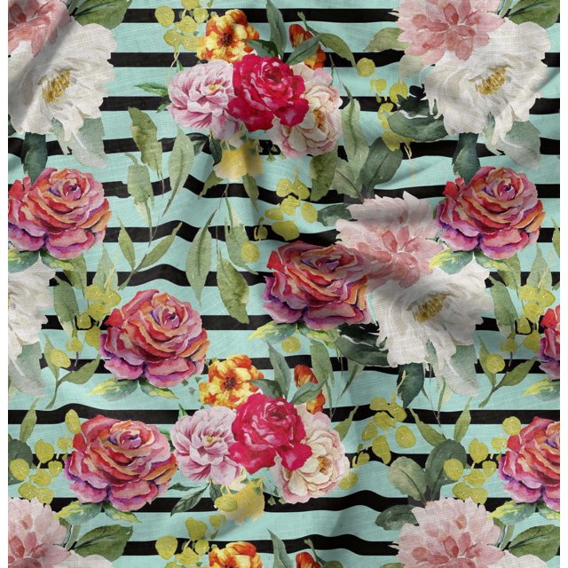 Soimoi Green Rayon Fabric Stripe & Grandiflora Roses Floral Printed Fabric 1 Yard 58 Inch Wide