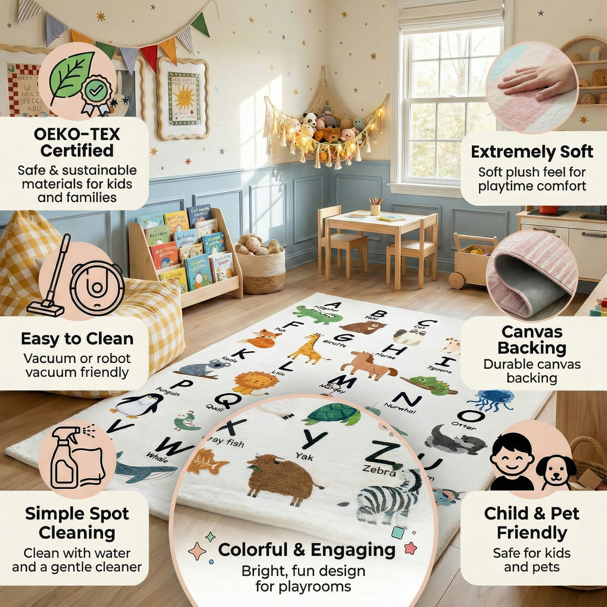 Rug Branch Soft Steps Playtime Alphabet Animaux, Tapis d'apprentissage educatif doux, blanc beige - Garçons et filles dans la salle de jeux, la creche, la chambre a coucher