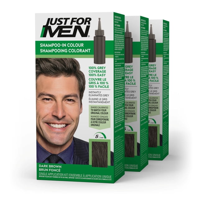 Just For Men Trousse d'Emballage de Coloration Shampoing Brun Foncé Montrant un Ensemble d'Application Unique avec une Couverture des Cheveux Gris à 100 %, une Utilisation Facile et des Allégations d'Élimination Instantanée des Cheveux Gris, Comprenant un Échantillon de Cheveux Brun Foncé et un Texte Bilingue Anglais-Français.