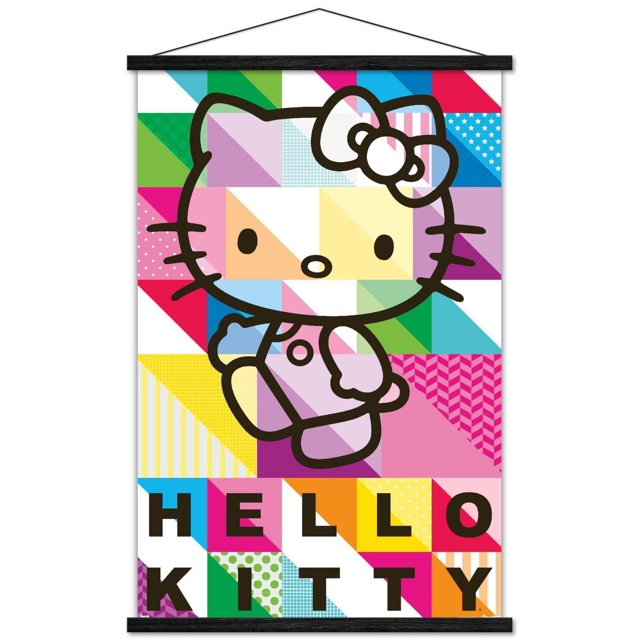 Hello Kitty - Patterns Wall Poster, 22.375" x 34" featuring a front-facing Hello Kitty character outlined in black with a bow on her left ear, set against a colorful geometric patchwork background of triangles and squares in bright colors including green, pink, blue, yellow, and purple, with bold black text spelling 'HELLO KITTY' at the bottom. The poster is printed on glossy paper and framed with black wooden bars, suitable for decorating bedrooms, offices, or dorm rooms.