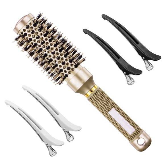Round Brush, Nano Thermal Ceramic & Ionic Tech Hair Brush, Small Round Barrel Brush with Boar Bristles for Blow Drying, Styling, Curling and Shine (2 inch, Barrel 1 inch) + 4 Free Clips