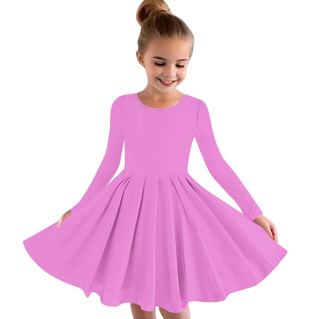 MeetoTime Robe de Performance pour Filles à Manches Longues, Couleur Unie, Col Rond, Extensible, Robe de Récital Scolaire, 4-14 Ans, Vêtements pour Enfants