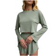 thumbnail image 1 of Tnhcen Ensemble de Pyjama pour Femmes, Haut Court à Manches Longues Douillet et Short à Volants - Ensembles de Pyjamas à Col Rond Confortables pour Femmes, Tenue de Détente Extensible S-TG, 1 of 9