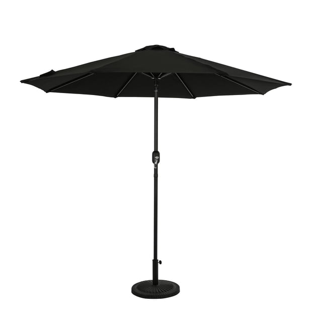 Mirage II Parasol de Marché Octogonal de 9 Pi avec Inclinaison Automatique, Doté d'Un Auvent Breez-Tex Noir, Mât en Aluminium Anodisé de 1,5 Po avec Fini bronze Thermolaqué, Système de Soutien à 8 Baleines, Manivelle pour une Ouverture et un Inclinaison Faciles, et un Seul Évent pour la circulation de l'Air, Montré avec une base Ronde Noire Idéale pour l'Ombre de patio Extérieur.