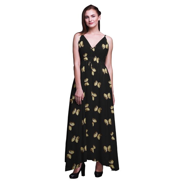 Bimba Butterfly Ladies Printed Resort Maxi DrawstringDressSpaghetti Strap Beach Wear-Medium
