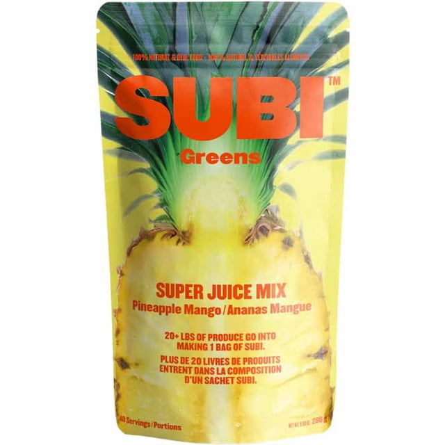 Subi - Greens Super Juice Mix Pineapple Mango 40 Servings, 280g. The packaging features a vibrant pineapple design with bold red and green text highlighting the product name and flavour. It emphasizes 20+ lbs of produce per bag and 100% natural, plant-based ingredients. Suitable for mixing with water or other beverages for a nutrient-rich drink.
