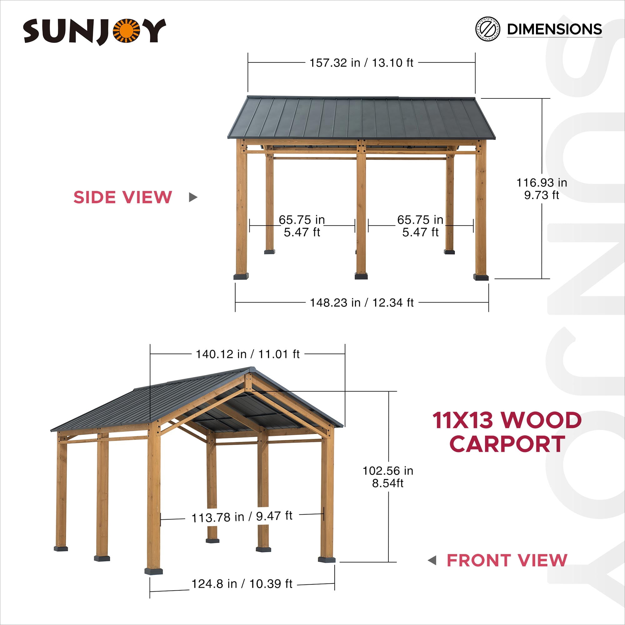 Sunjoy Gazebo en bois 13 pi x 11 pi Abri d'auto à toit rigide Abri d'auto robuste avec toit en acier et structure en bois, gazebo à toit à pignon en cèdre pour voitures et équipement d'extérieur