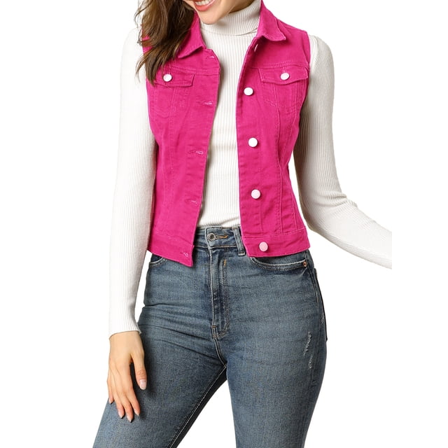 INSPIRE CHIC Juniors Washed Chest Flap Pockets Single Breasted Denim Vest Jacket