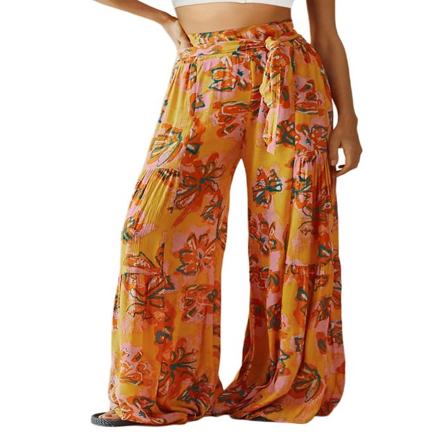 Pantalons de Plage Boho pour Femmes Taille Haute Décontractée Ample Jambe Grand Droite Imprimée