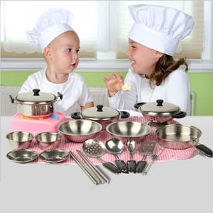 ZZkhGO Ensemble de casseroles miniatures en acier inoxydable, jeu de cuisine pour enfants, 20 Pcs Jouet de cuisine réaliste pour l'apprentissage du jeu de rôle