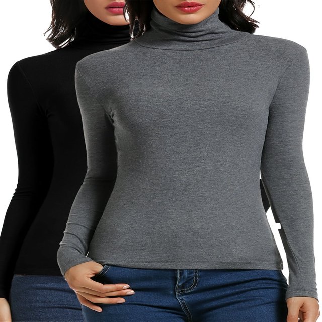 T-shirt Col Roulé Manches Longues Ajusté Extensible Basique Noir TG