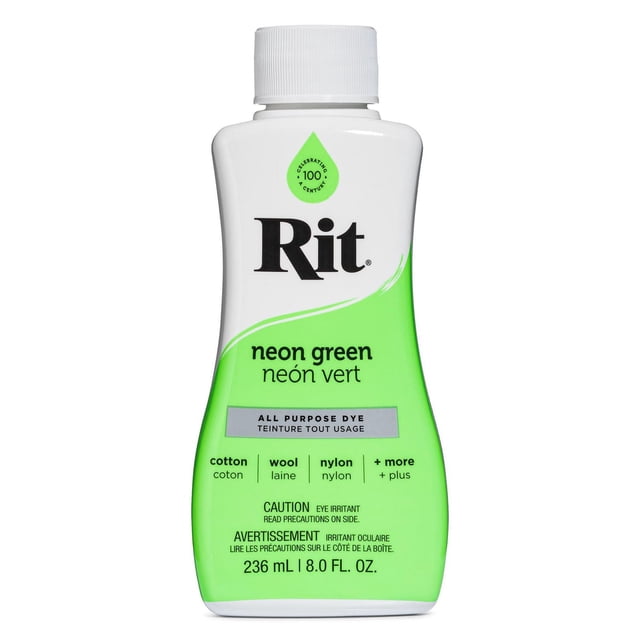 Rit All Purpose Liquid Dye in neon green, 236 ml (8 fl. oz.) bottle with white screw cap, suitable for dyeing cotton, wool, nylon, and other fabrics, featuring bilingual English and French text on a white and bright green curved bottle.