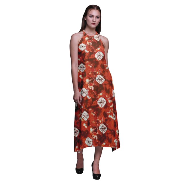 Bimba Robe Teinture sur Nœuds Décontractée Longue Dos Nu à Col Licou pour Femmes, Robe de Plage Imprimée - X-Grand