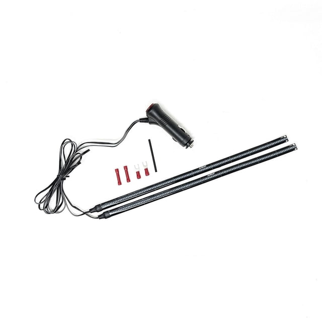 Ultra LED Light Interior & Exterior Strip Starter Kit with two 12-inch black LED strips featuring 120 LEDs each, connected to a black 12V car cigarette lighter plug, including red and white wire connectors and a black heat shrink tube, ideal for automotive interior and exterior lighting on 12V DC systems.