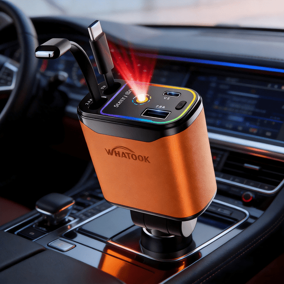 Kidsjoy Chargeur de Voiture Rétractable 66 W, Chargeur Rapide USB‐C 4‐en‐1, Adaptateur Universel avec Indicateur DEL pour iPhone, Samsung, Tablettes et Plus, Brun