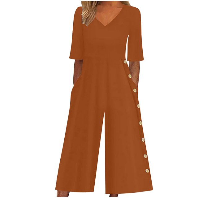 Yuyuzo Womens Wide Leg Jumpsuits Short Sleeve V Neck Casual Loose Comfy Button Split Rompers with Pockets