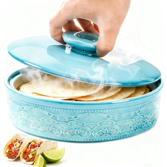 Ceramic Tortilla Warmer with Lid, 8.5 Inch Microwavable Pancake Holder, Aqua Taco Keeper Server Box, Food Storage Container for Mexican Party, Taco Tuesday Night, Dishwasher Oven Safe