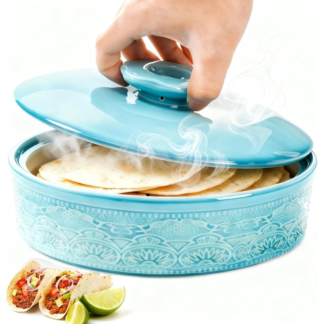 Ceramic Tortilla Warmer with Lid, 8.5 Inch Microwavable Pancake Holder, Aqua Taco Keeper Server Box, Food Storage Container for Mexican Party, Taco Tuesday Night, Dishwasher Oven Safe