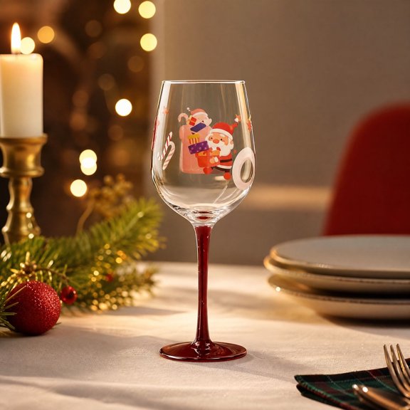 OCCOA Christmas Wine Glass with Festive Hand-Painted Rim Design, Elegant Holiday Drinkware for Party Home Kitchen Decor, Gift for Wine Lovers, D